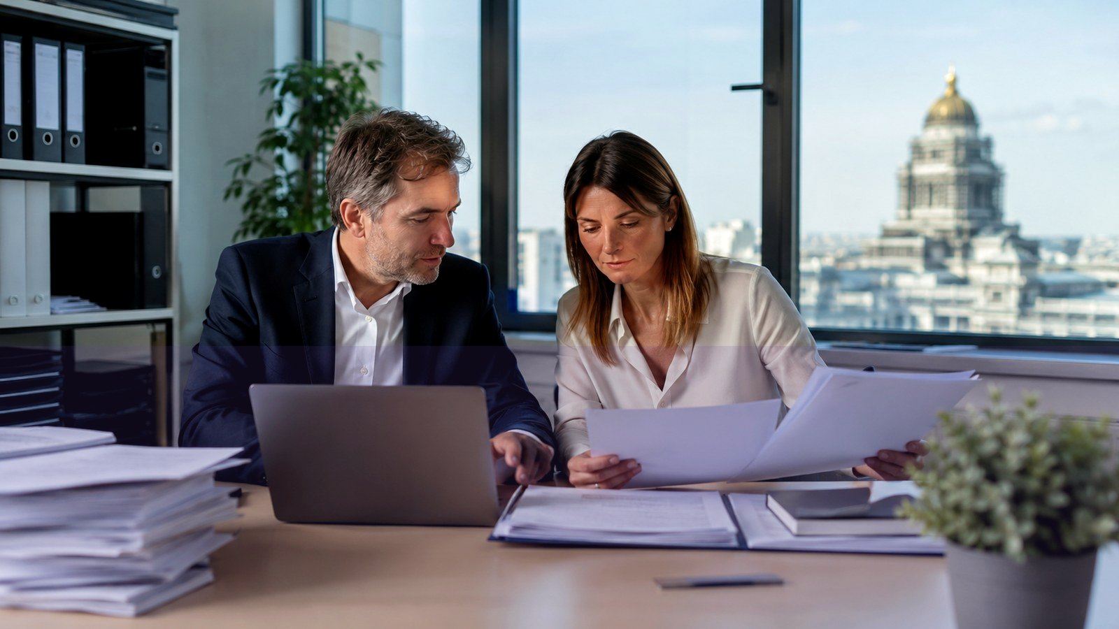 Professionnels analysant des documents dans un bureau